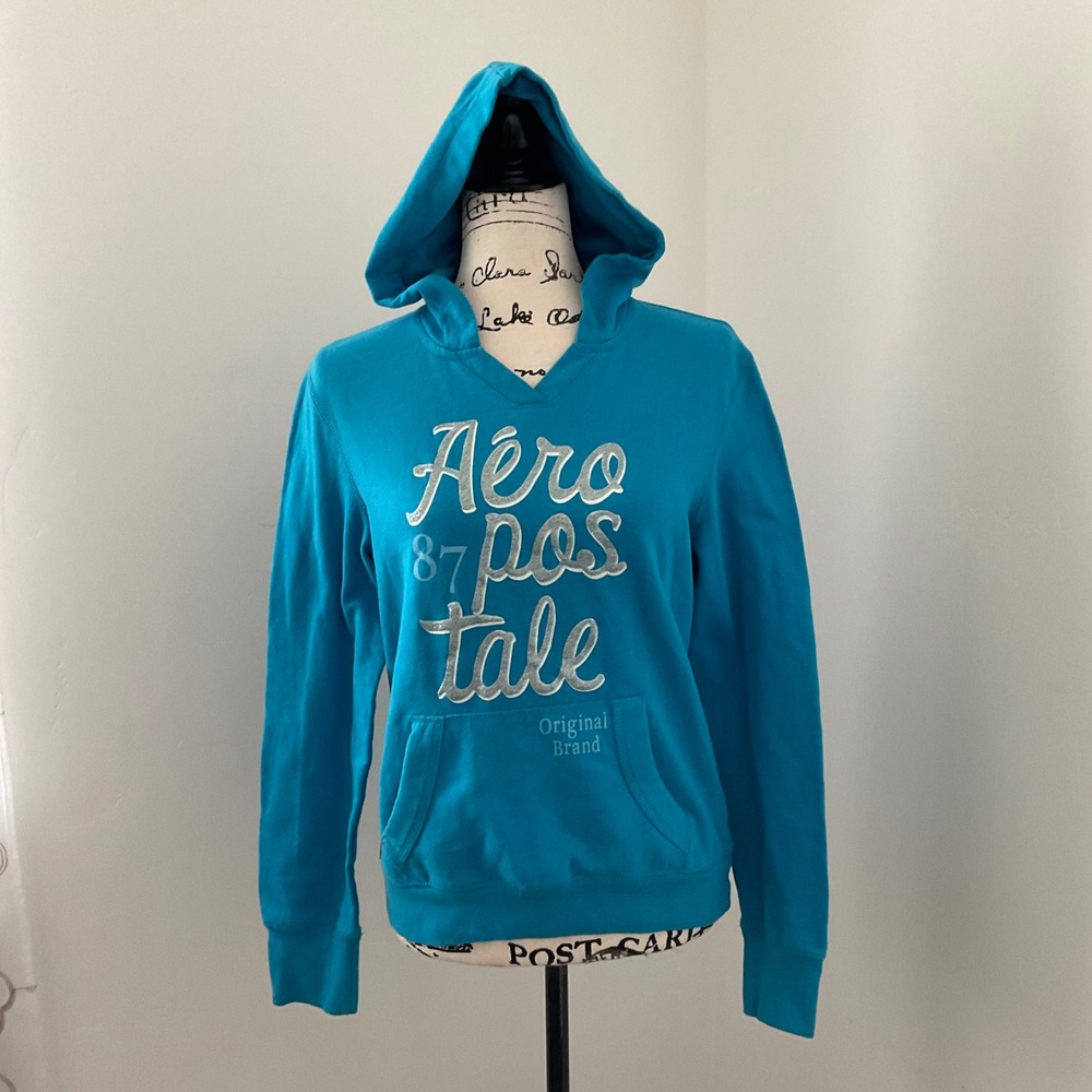 Aeropostale Hoodie Womens Large Teal Blue Silver Glitter Logo Excellent Pullover